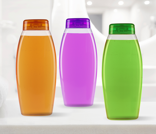 Picture of 3 colored empty shampoo bottles